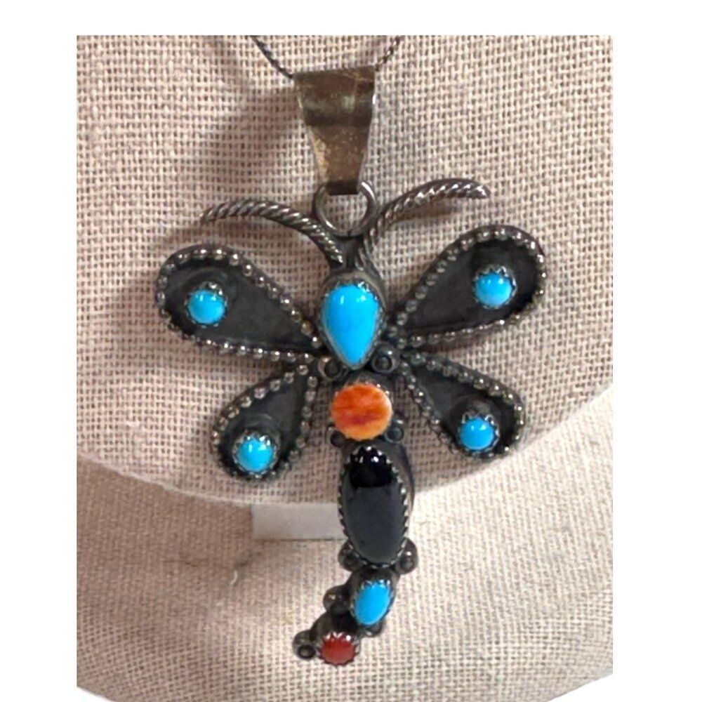 Turquoise Coral Emma Lincoln Sterling Silver Navajo Dragonfly Pendant Necklace